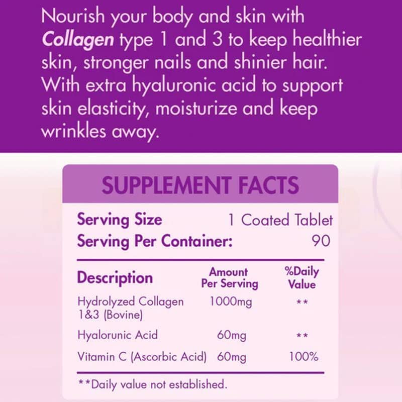 ORGANIC NATION | Hydrolyzed Collagen 1000+ Tablets | 90 Coated Tablets | Natural | Vegan | Non-GMO | For Silky Smooth Skin | Anti-Wrinkles | Anti-Aging | With Hyaluronic Acid and Vitamin C