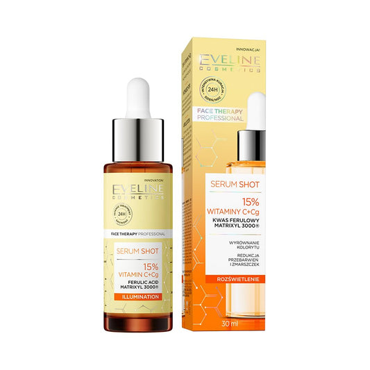 Eveline Cosmetics 30 ML Face Serum Shot with 15% VITAMIN C+Cg ILLUMINATION with Lightweight & Non-Greasy Texture for All Skin Type to Reduce Discoloration & Blemishes
