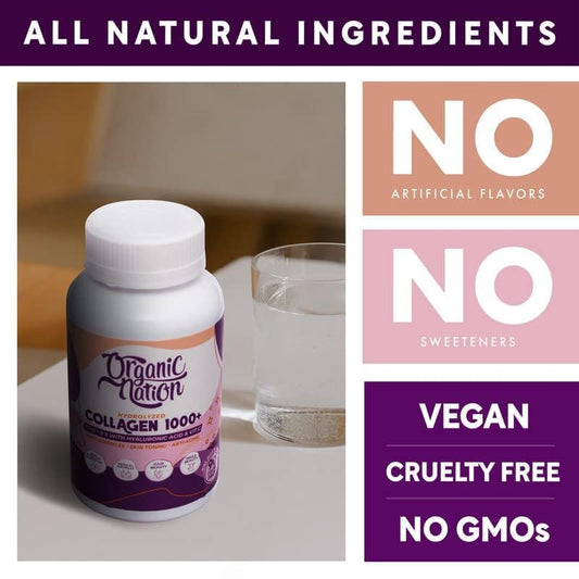 ORGANIC NATION | Hydrolyzed Collagen 1000+ Tablets | 90 Coated Tablets | Natural | Vegan | Non-GMO | For Silky Smooth Skin | Anti-Wrinkles | Anti-Aging | With Hyaluronic Acid and Vitamin C