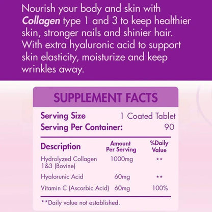 ORGANIC NATION | Hydrolyzed Collagen 1000+ Tablets | 90 Coated Tablets | Natural | Vegan | Non-GMO | For Silky Smooth Skin | Anti-Wrinkles | Anti-Aging | With Hyaluronic Acid and Vitamin C