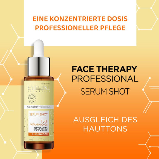 Eveline Cosmetics 30 ML Face Serum Shot with 15% VITAMIN C+Cg ILLUMINATION with Lightweight & Non-Greasy Texture for All Skin Type to Reduce Discoloration & Blemishes