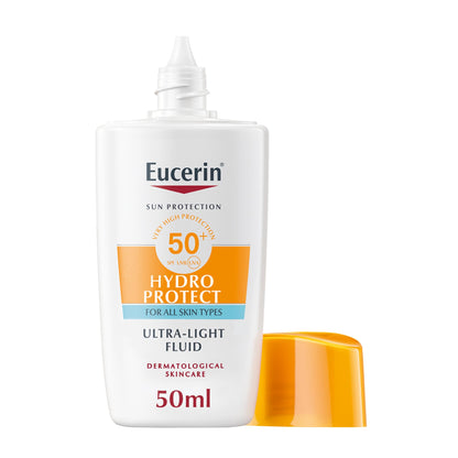 Eucerin Sunscreen Hydro Protect Face Ultra Light Fluid, High UVA/UVB Protection, SPF 50+, Suitable for Daily Use, Non sticky, Non Greasy, Suitable for All Skin Types, 50ml