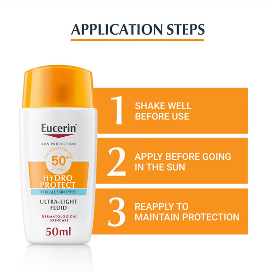 Eucerin Sunscreen Hydro Protect Face Ultra Light Fluid, High UVA/UVB Protection, SPF 50+, Suitable for Daily Use, Non sticky, Non Greasy, Suitable for All Skin Types, 50ml