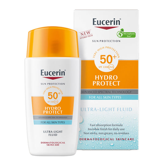 Eucerin Sunscreen Hydro Protect Face Ultra Light Fluid, High UVA/UVB Protection, SPF 50+, Suitable for Daily Use, Non sticky, Non Greasy, Suitable for All Skin Types, 50ml