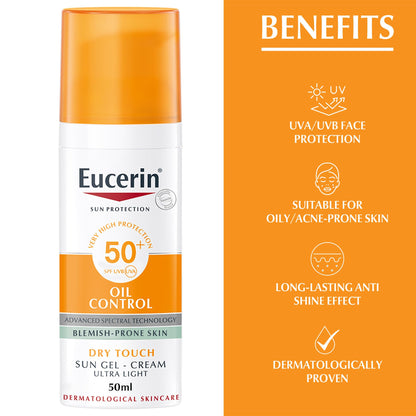 Eucerin Face Sunscreen Oil Control Gel-Cream Dry Touch, High UVA/UVB Protection, SPF 50+, Light Texture Sun Protection, Suitable Under Make-Up, For Oily Acne-Prone Skin, 50ml