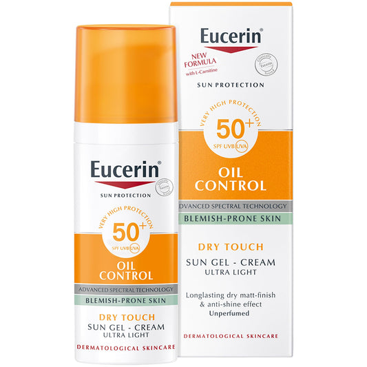 Eucerin Face Sunscreen Oil Control Gel-Cream Dry Touch, High UVA/UVB Protection, SPF 50+, Light Texture Sun Protection, Suitable Under Make-Up, For Oily Acne-Prone Skin, 50ml