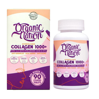 ORGANIC NATION | Hydrolyzed Collagen 1000+ Tablets | 90 Coated Tablets | Natural | Vegan | Non-GMO | For Silky Smooth Skin | Anti-Wrinkles | Anti-Aging | With Hyaluronic Acid and Vitamin C