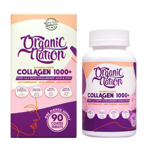 ORGANIC NATION | Hydrolyzed Collagen 1000+ Tablets | 90 Coated Tablets | Natural | Vegan | Non-GMO | For Silky Smooth Skin | Anti-Wrinkles | Anti-Aging | With Hyaluronic Acid and Vitamin C